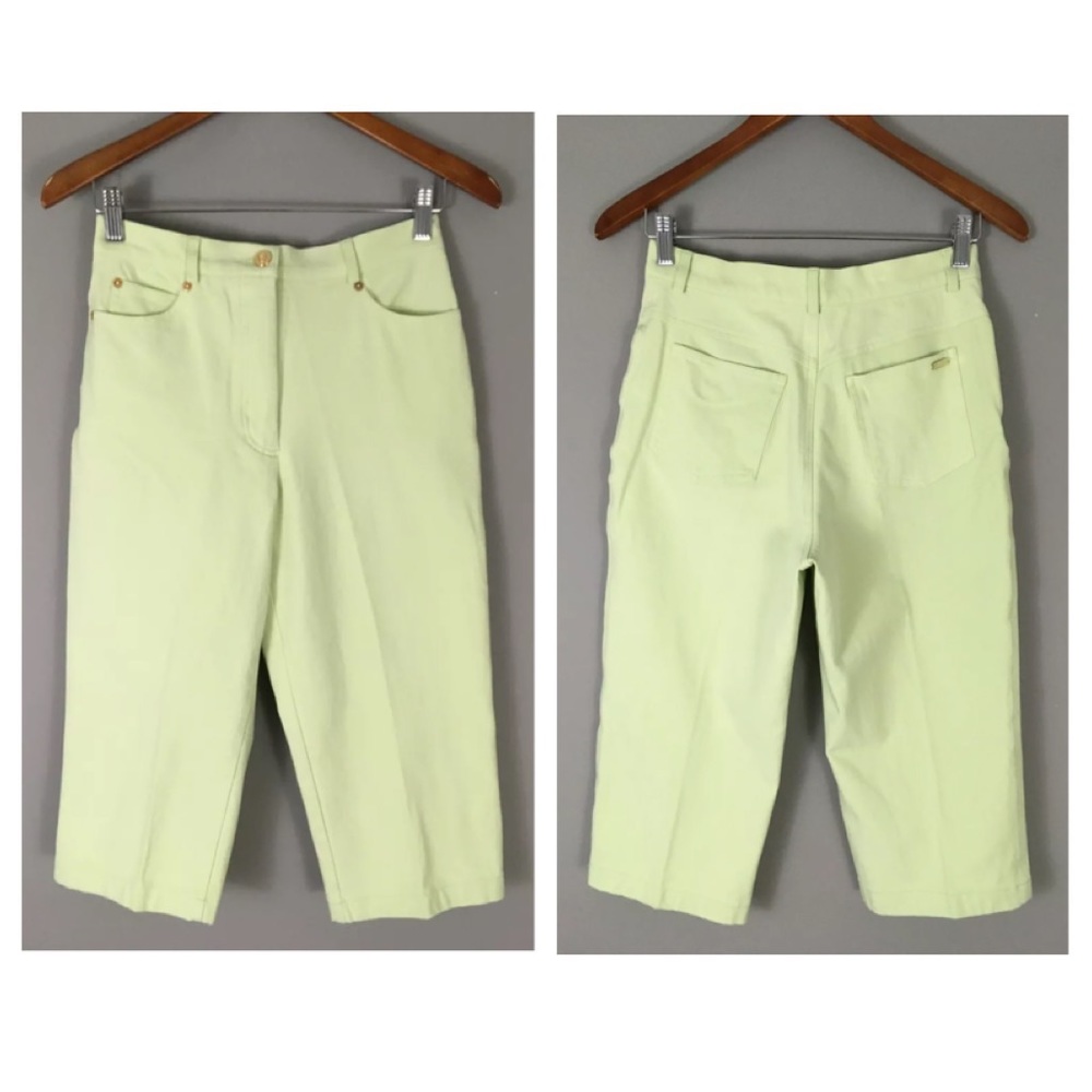 ST JOHN SPORT Green Crop Stretch Jeans Pants Size 4 Flat Front Gold Hardware USA